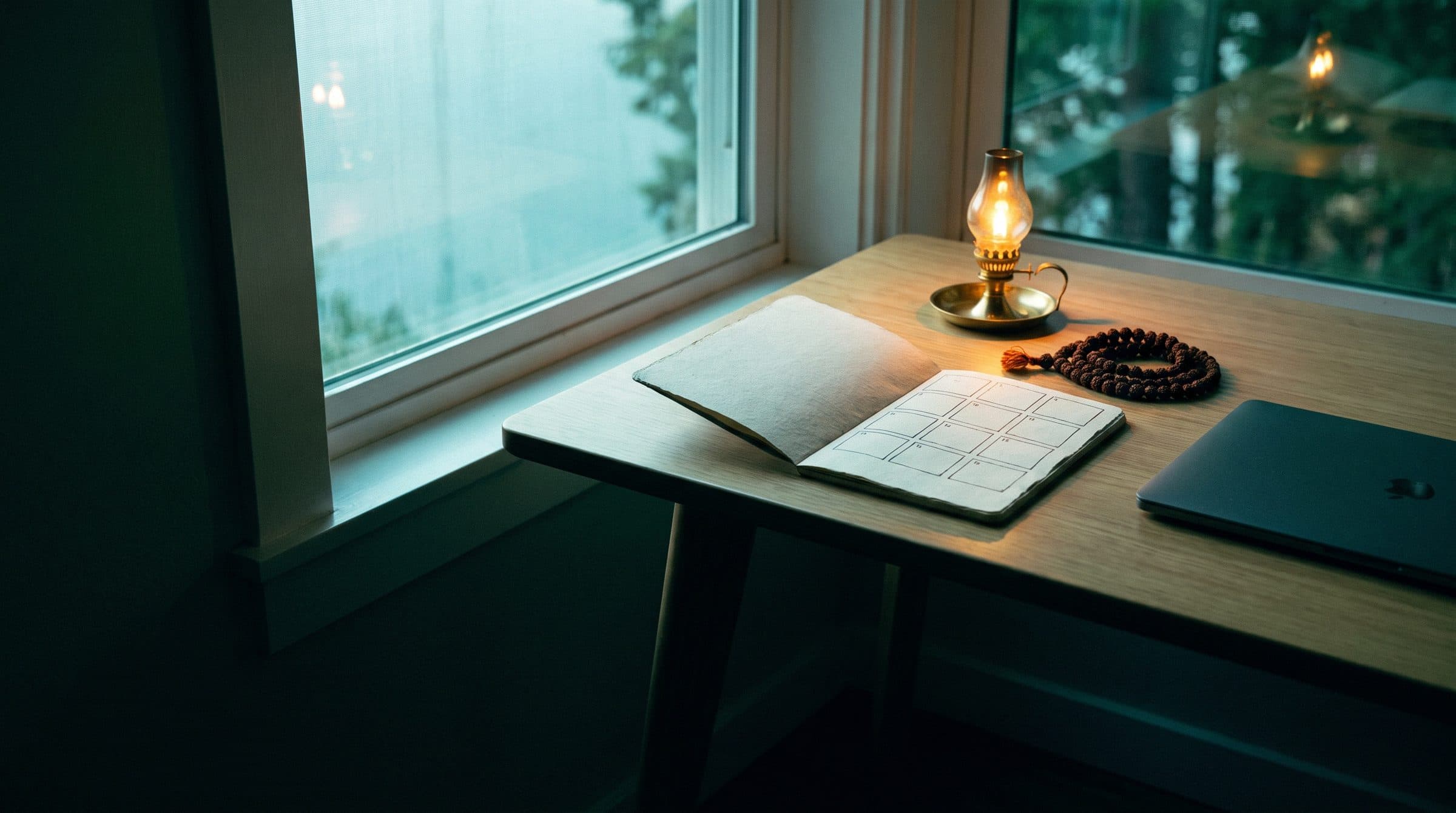 A wooden desk by a window at dawn with an open notebook showing a square birth chart, a brass oil lamp and prayer beads
